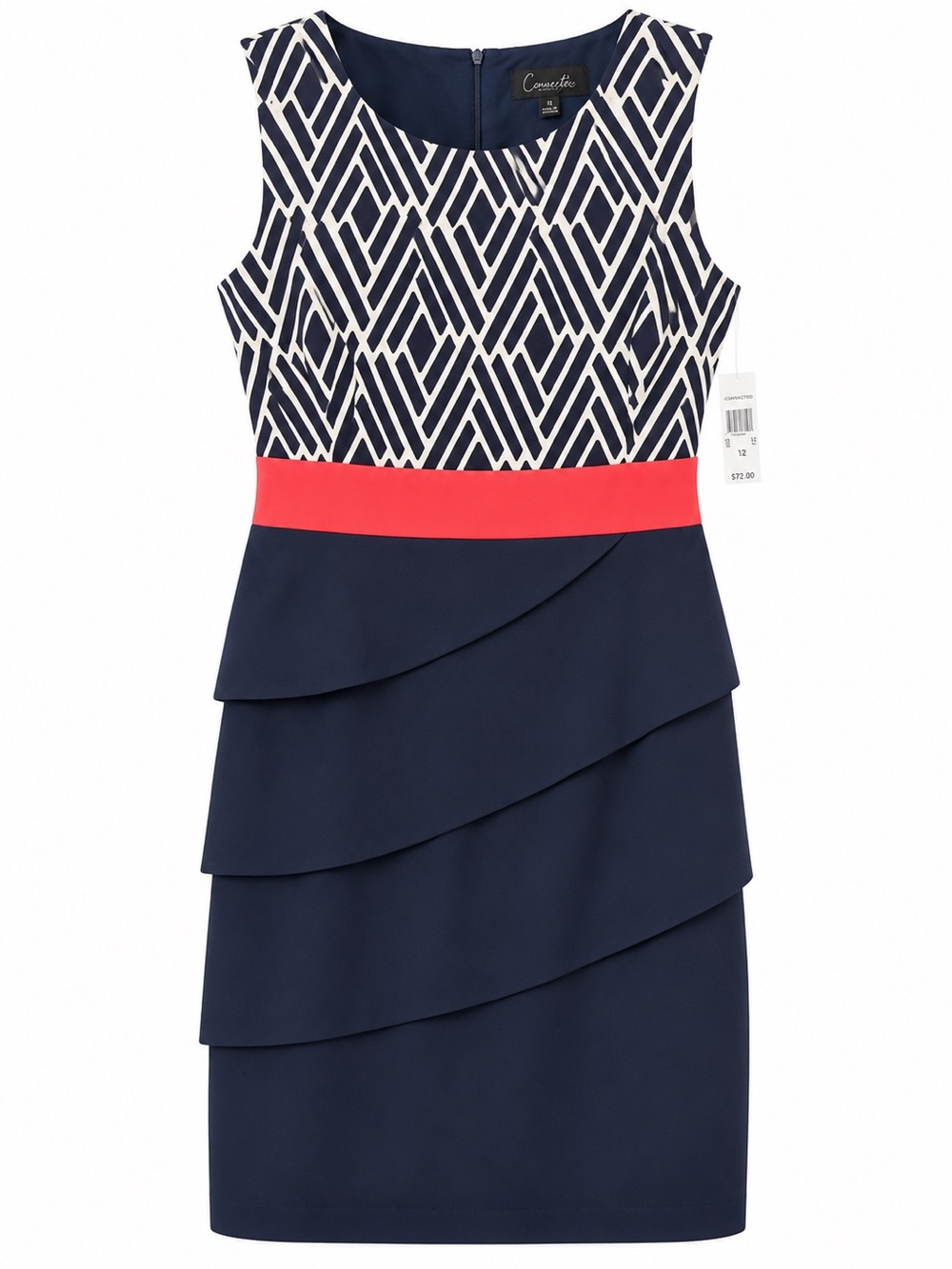 Navy Geometric Sheath Dress with Coral Waistband